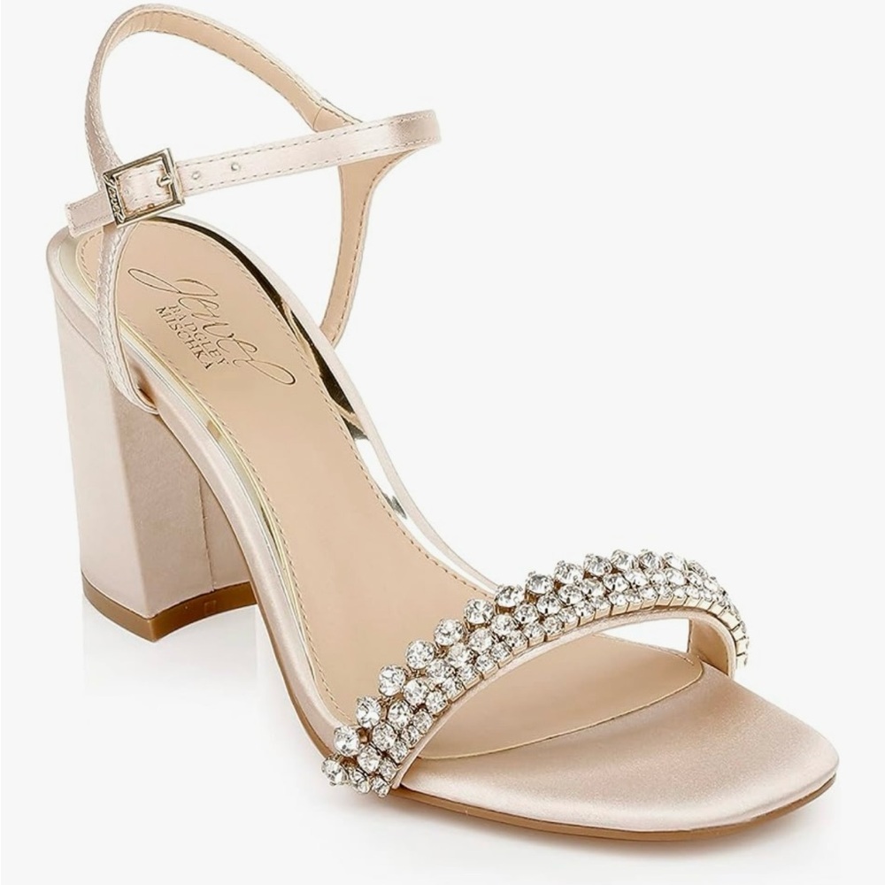 Jewel Badgley Mischka Lori Champagne Satin Block Heel Crystal Sandal – Size 9